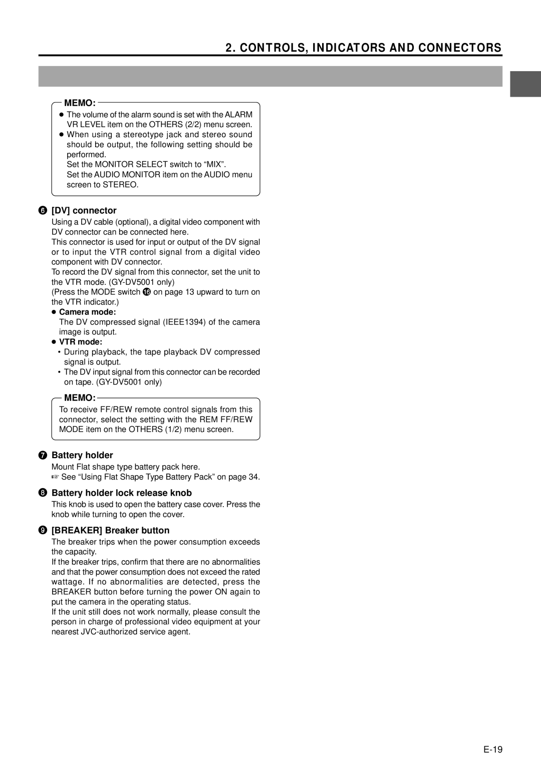 JVC GY-DV5001 manual DV connector, Battery holder lock release knob, Breaker Breaker button 