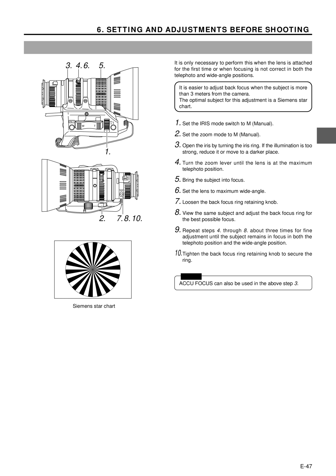 JVC GY-DV5001 manual Back Focus Adjustment, Accu Focus can also be used in the above step 