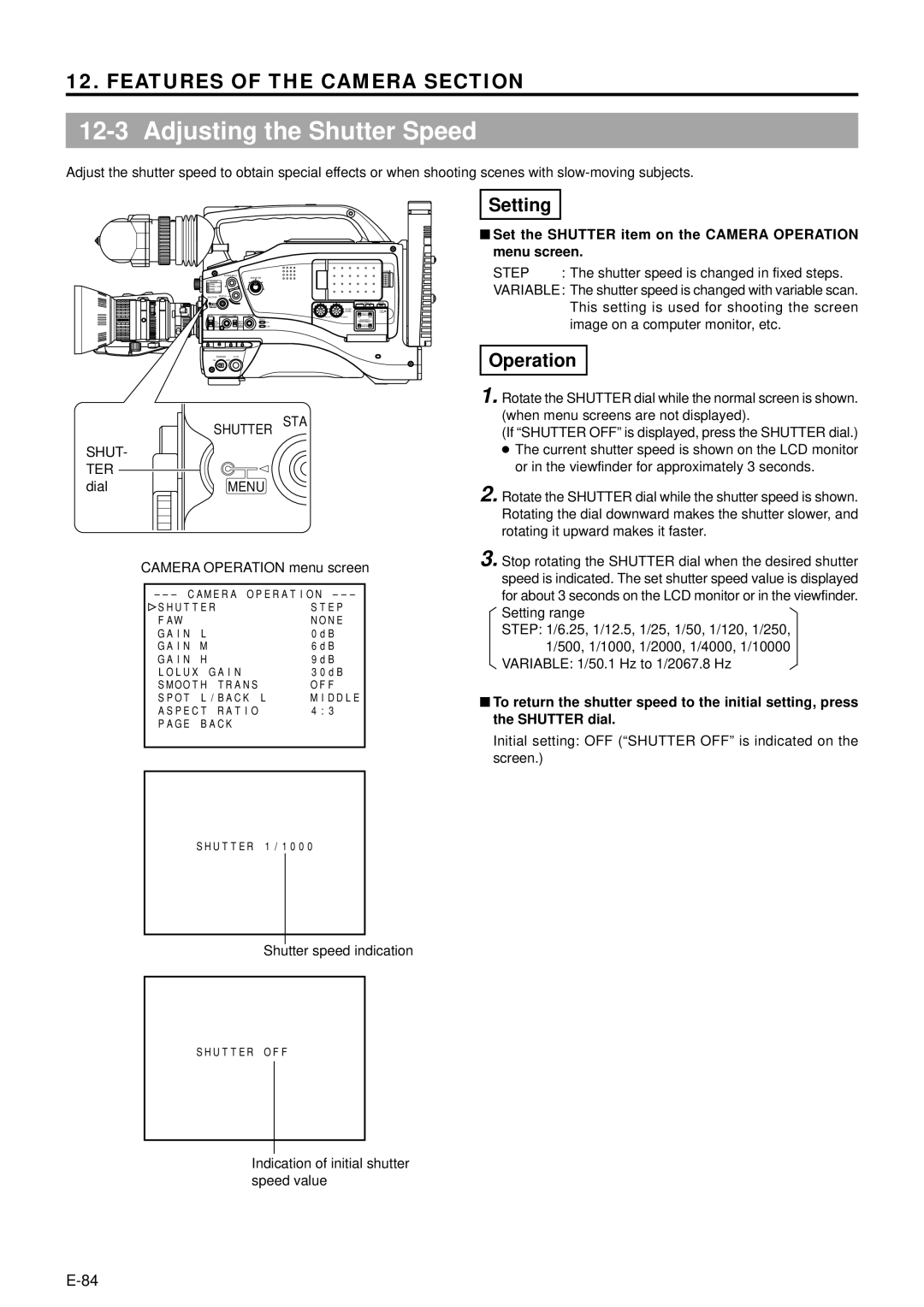 JVC GY-DV5001 manual Adjusting the Shutter Speed, Operation, Shutter STA TER 