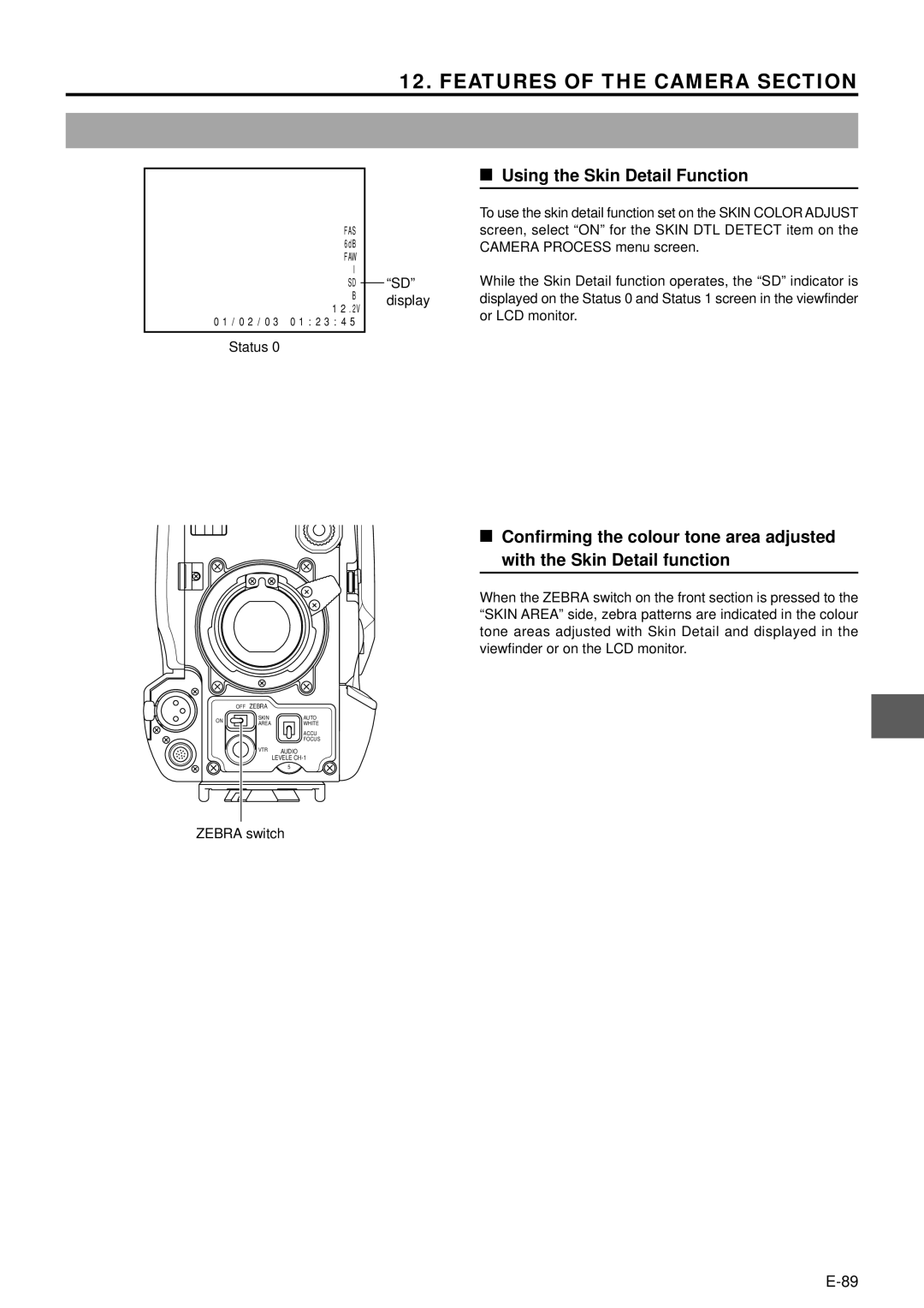 JVC GY-DV5001 manual Using the Skin Detail Function, Status, Display 