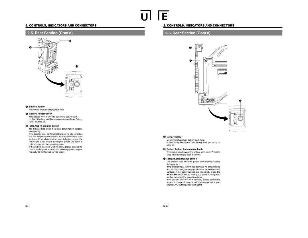 JVC GY-DV5100 instruction manual Rear Section Cont’d, Battery holder, Battery release lever, Breaker Breaker button 