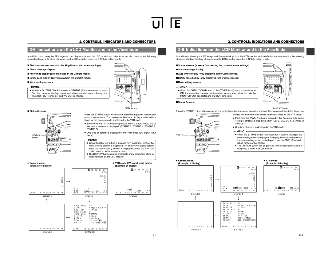 JVC GY-DV5100 Indications on the LCD Monitor and in the Viewfinder, Status Screens, VTR mode Example of display 