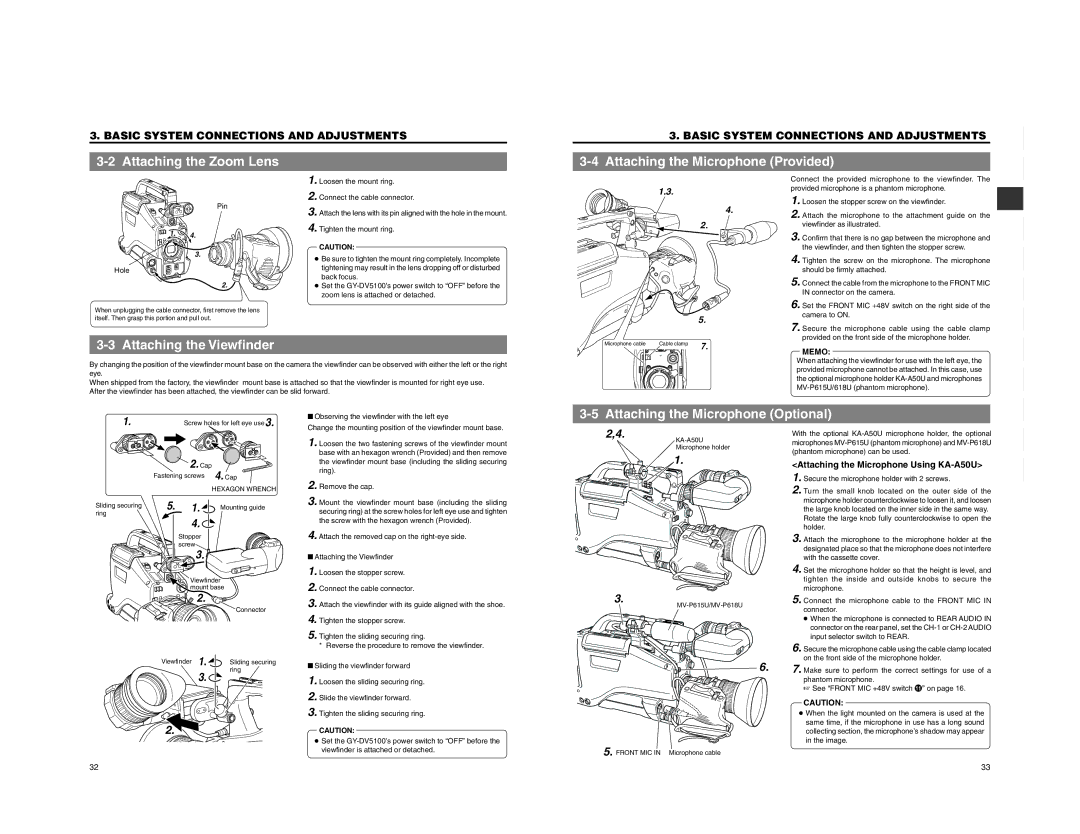 JVC GY-DV5100 instruction manual Attaching the Zoom Lens, Attaching the Microphone Provided, Attaching the Viewfinder 