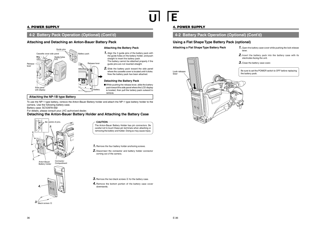 JVC GY-DV5100 Battery Pack Operation Optional Cont’d, Attaching the NP-1B type Battery, Attaching the Battery Pack 