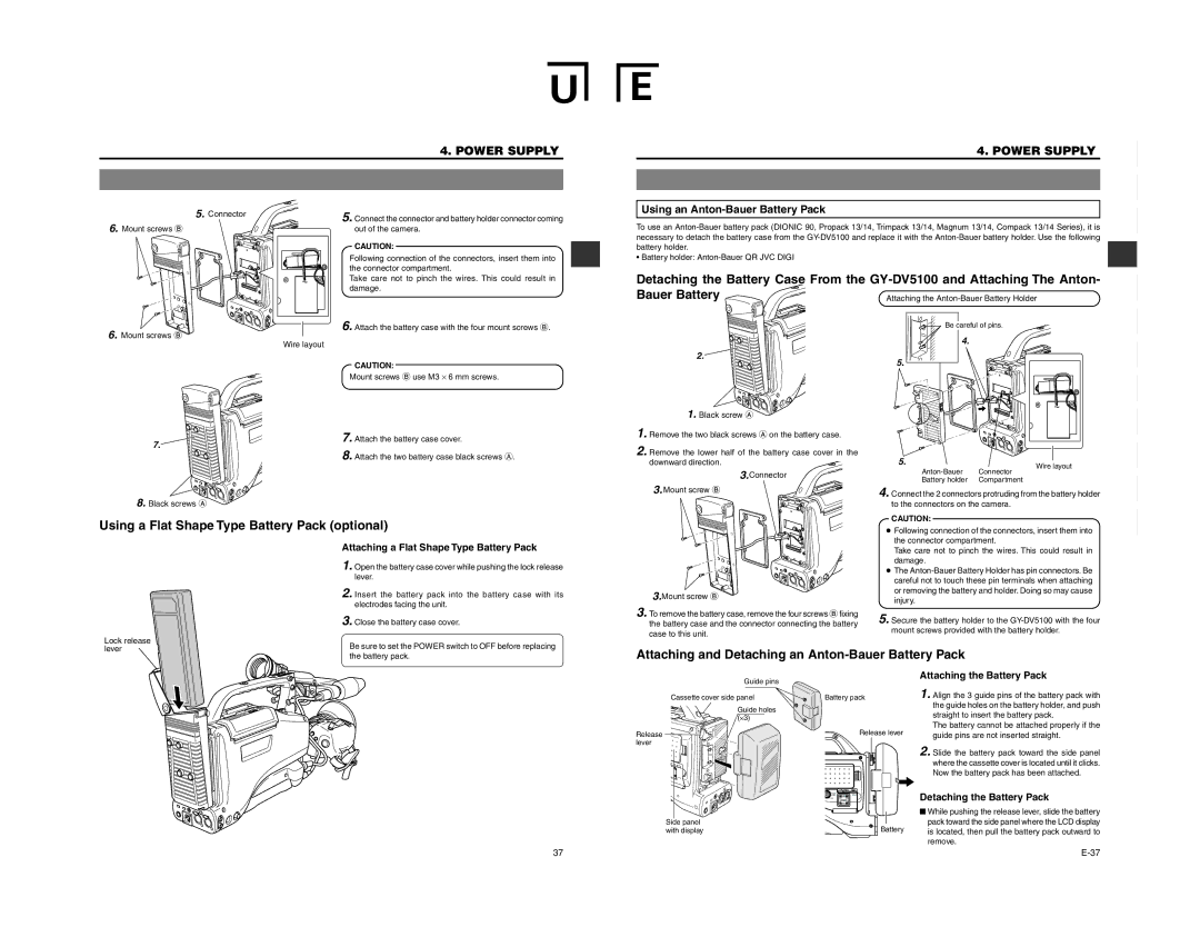 JVC GY-DV5100 Using an Anton-Bauer Battery Pack, Attaching a Flat Shape Type Battery Pack, Black screws a 