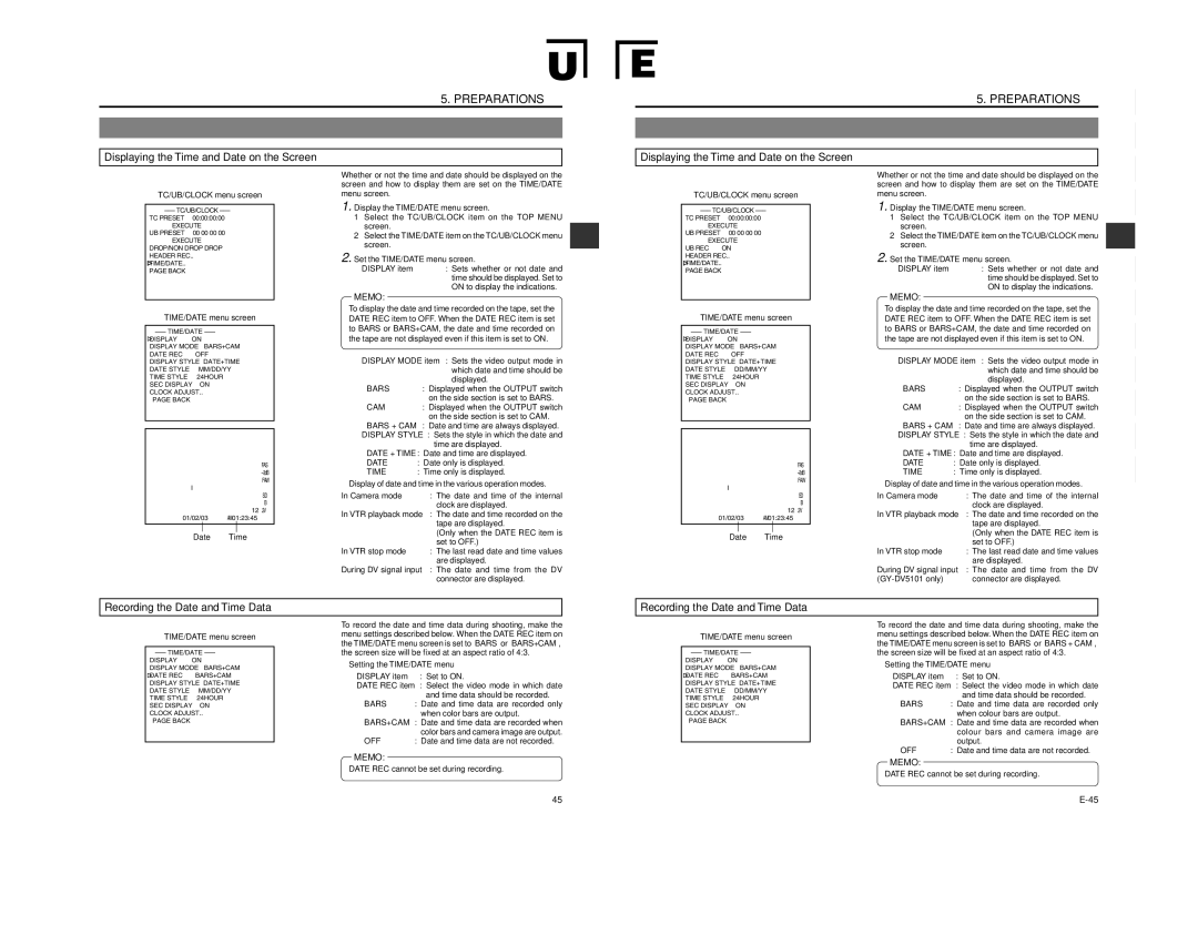 JVC GY-DV5100 instruction manual Displaying the Time and Date on the Screen, Recording the Date and Time Data 