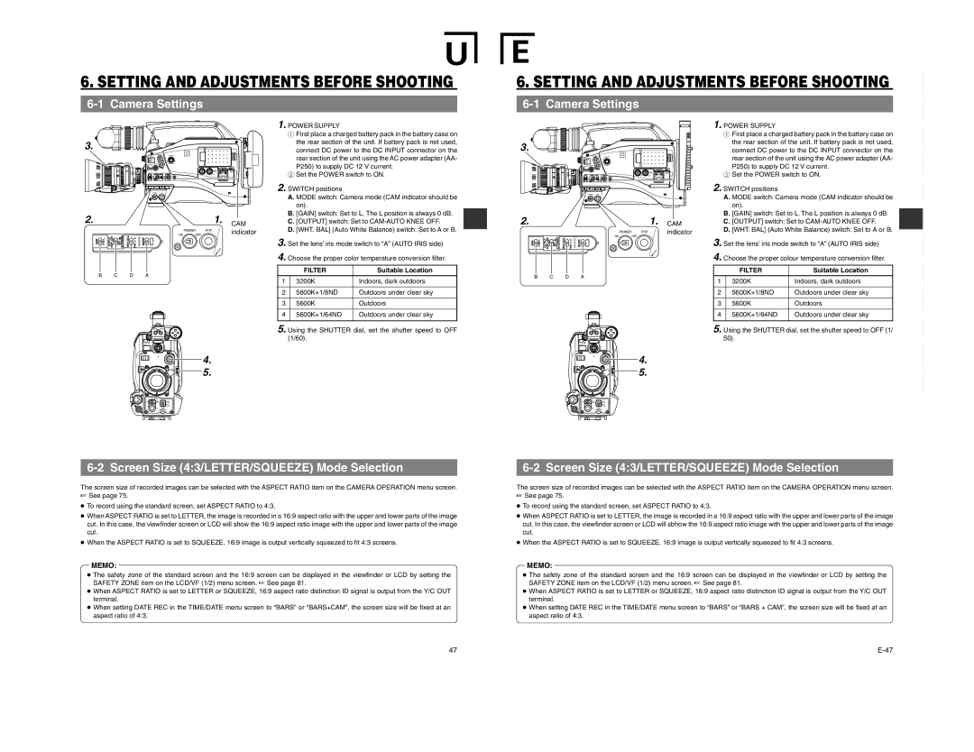 JVC GY-DV5100 instruction manual Camera Settings, Screen Size 43/LETTER/SQUEEZE Mode Selection, Filter, Suitable Location 