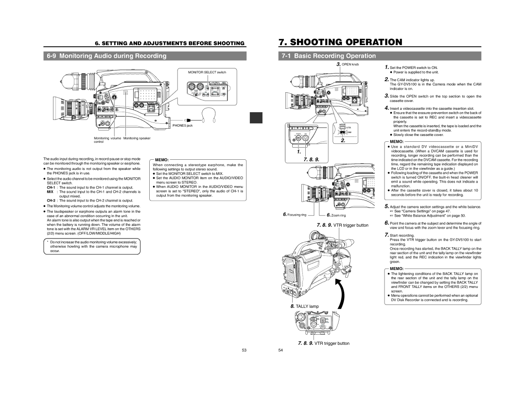 JVC GY-DV5100 instruction manual Shooting Operation, Monitoring Audio during Recording, Basic Recording Operation 