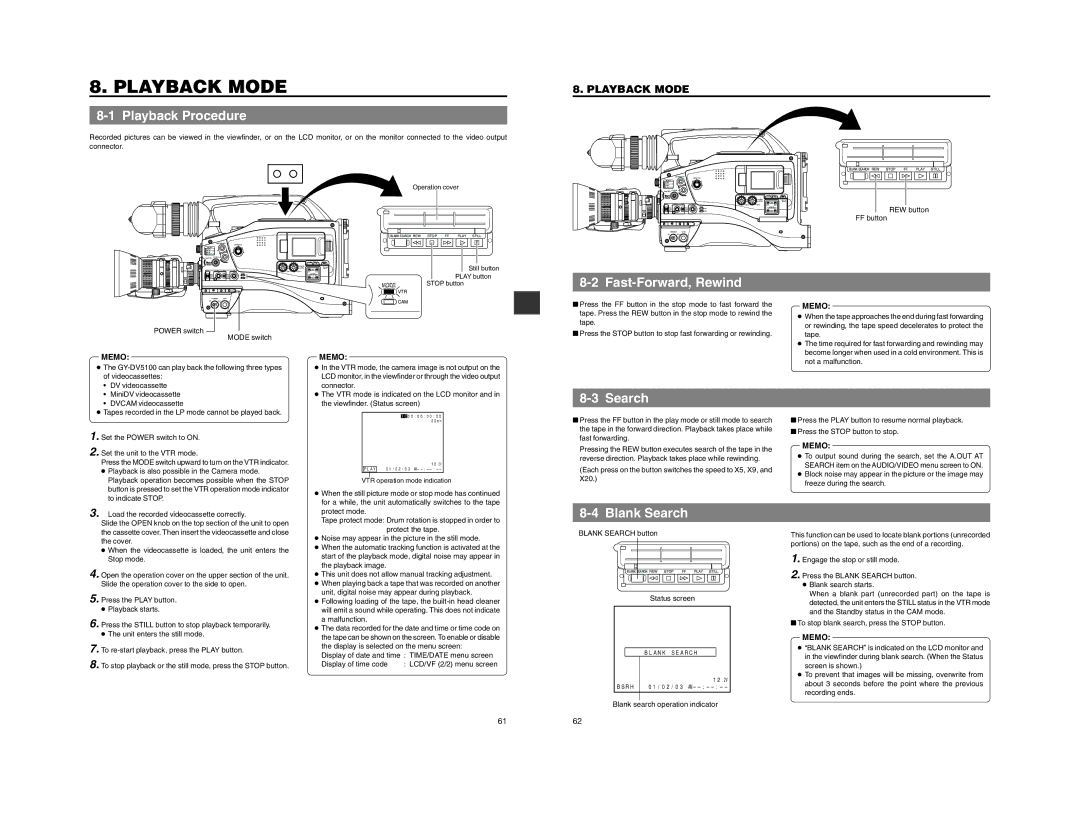 JVC GY-DV5100 instruction manual Playback Mode, Playback Procedure, Fast-Forward, Rewind, Blank Search 