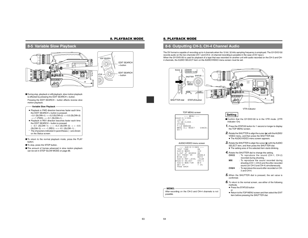 JVC GY-DV5100 instruction manual Variable Slow Playback, Outputting CH-3, CH-4 Channel Audio, Setting 