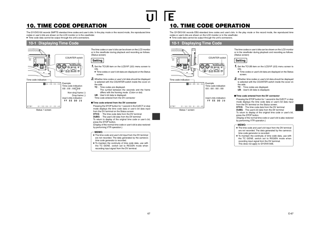 JVC GY-DV5100 instruction manual Time Code Operation, Displaying Time Code, Time code entered from the DV connector 