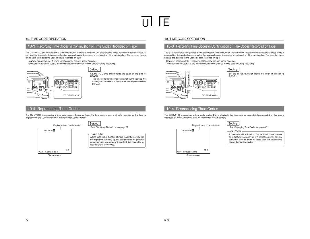 JVC GY-DV5100 instruction manual Reproducing Time Codes, Regen 