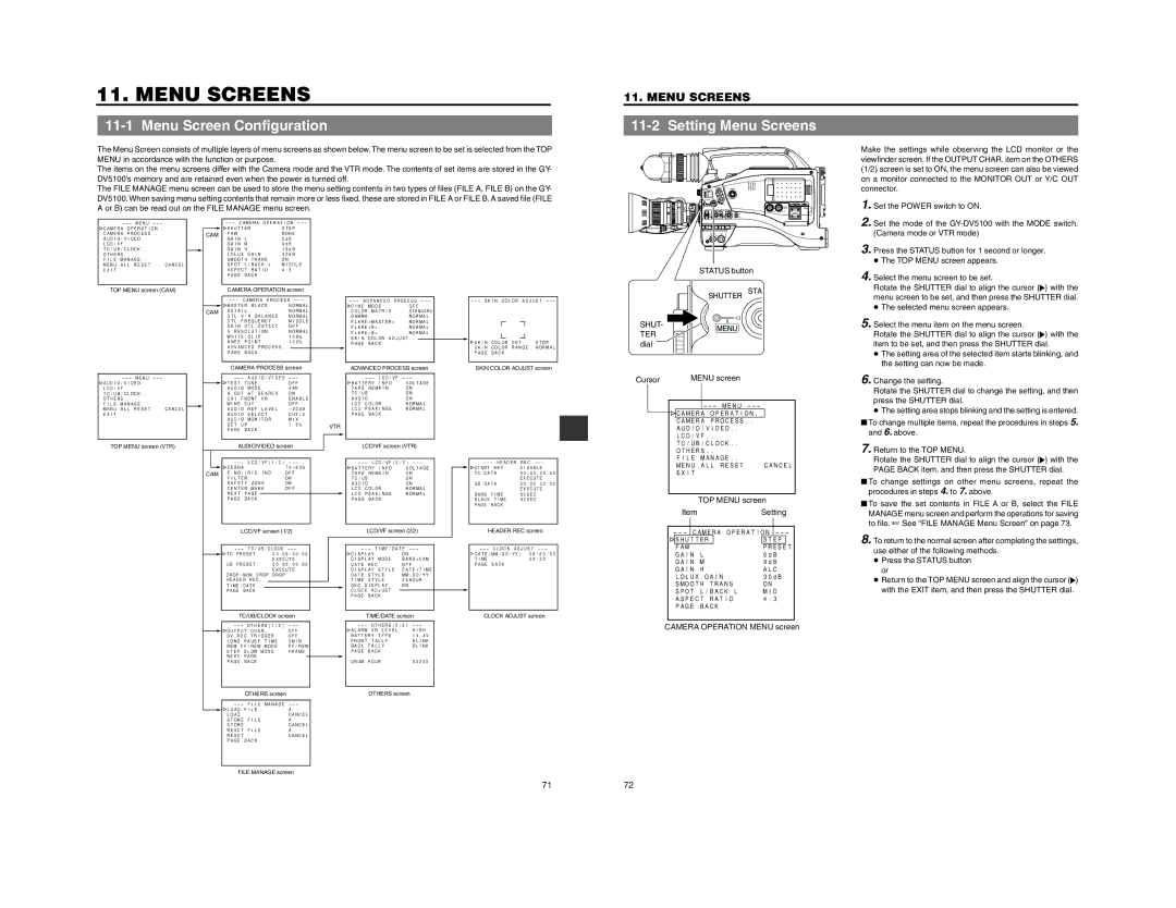 JVC GY-DV5100 instruction manual Menu Screen Configuration, Setting Menu Screens 