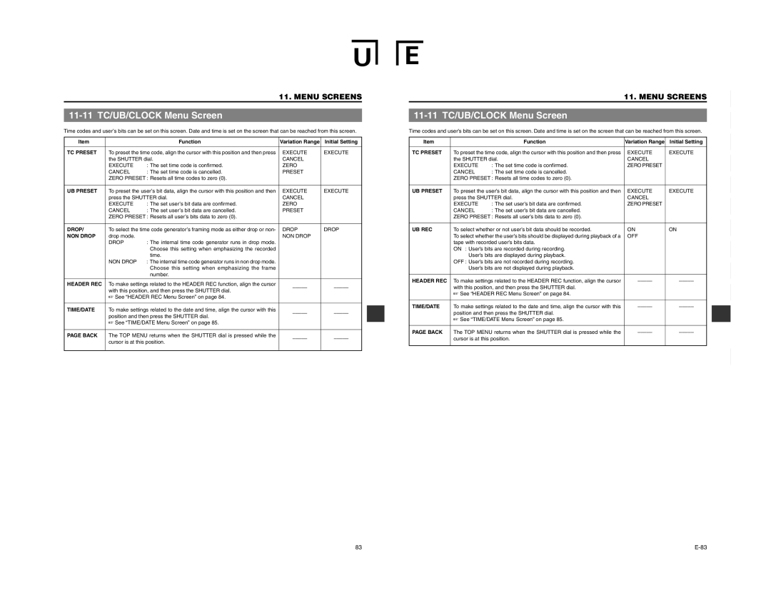JVC GY-DV5100 instruction manual 11-11 TC/UB/CLOCK Menu Screen 
