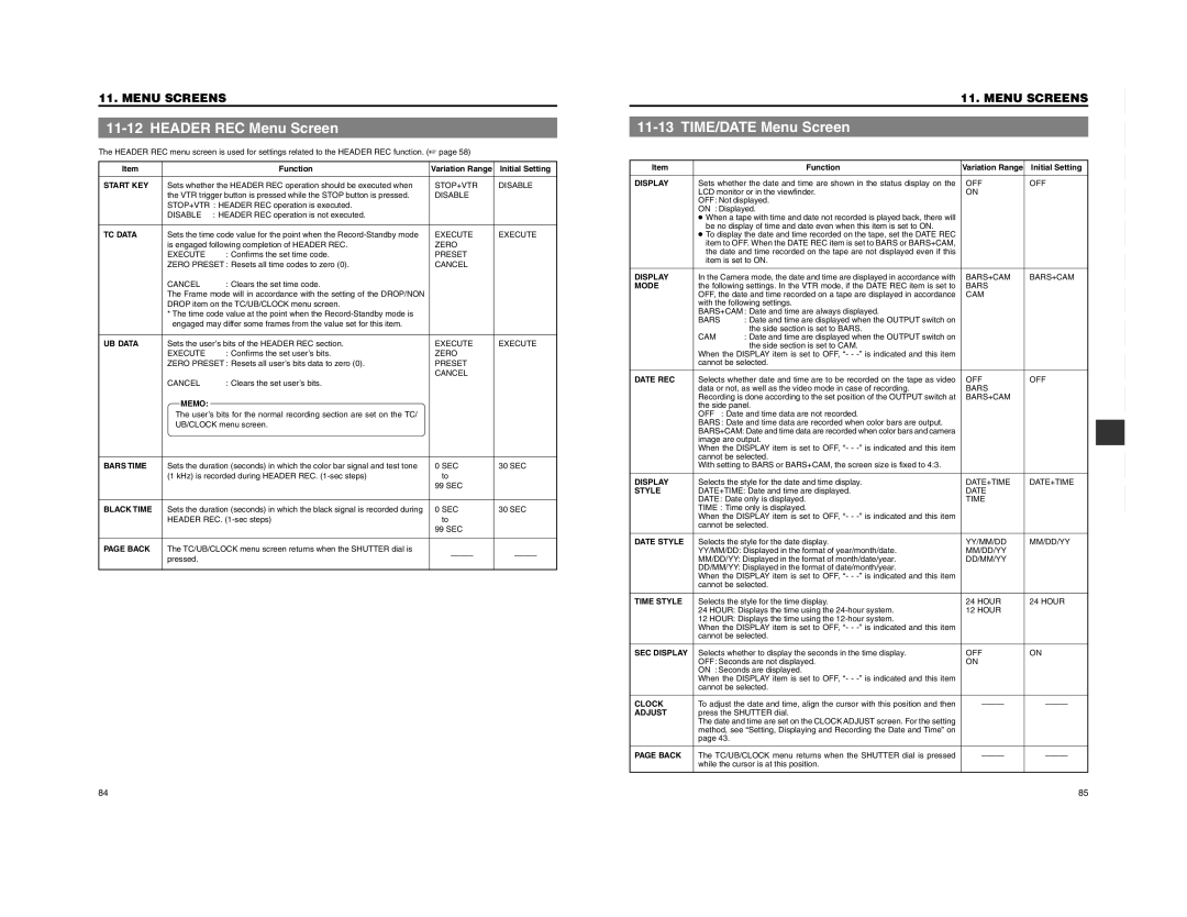 JVC GY-DV5100 instruction manual Header REC Menu Screen, TIME/DATE Menu Screen 