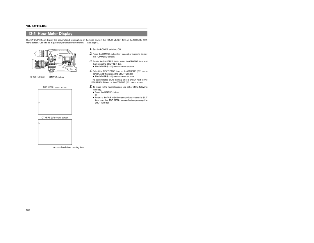 JVC GY-DV5100 Hour Meter Display, TOP Menu menu screen, Others 2/2 menu screen, Accumulated drum running time 