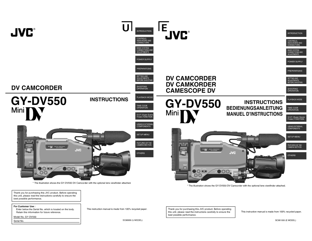 JVC GY-DV550 instruction manual For Customer Use, SC96999 U Model, SC961000 E Model 