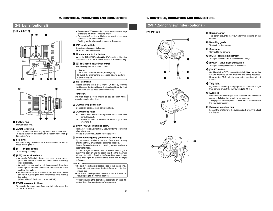 JVC GY-DV550 instruction manual Inch Viewfinder optional, Lens optional, S14 x 7.3B12, VF-P115B 