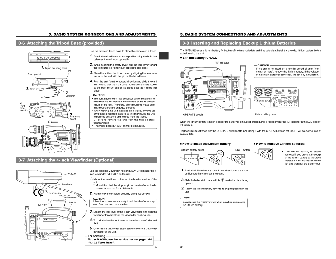 JVC GY-DV550 Attaching the 4-inch Viewfinder Optional, Lithium battery CR2032,  How to Install the Lithium Battery 