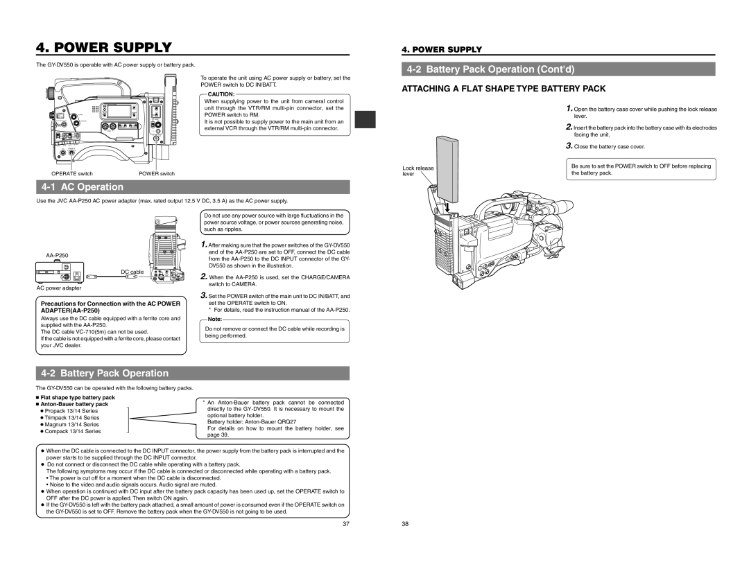 JVC GY-DV550 Power Supply, Battery Pack Operation Contd, AC Operation, Attaching a Flat Shape Type Battery Pack 