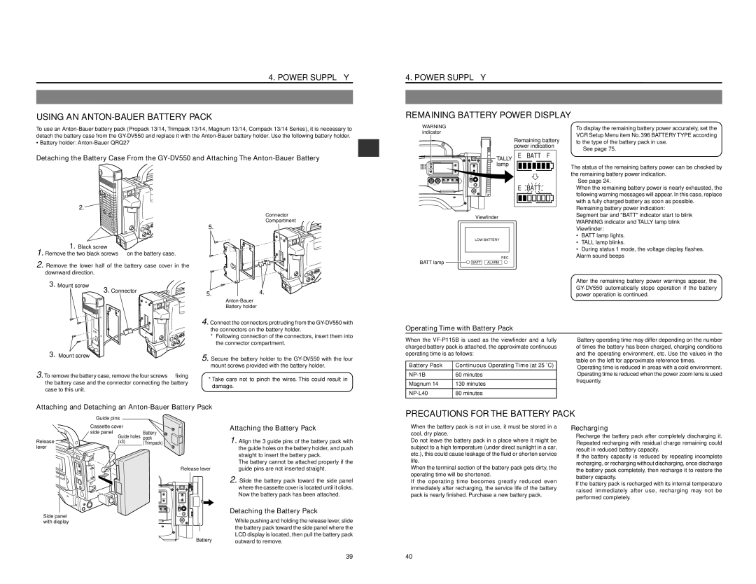 JVC GY-DV550 instruction manual Using AN ANTON-BAUER Battery Pack, Precautions for the Battery Pack 