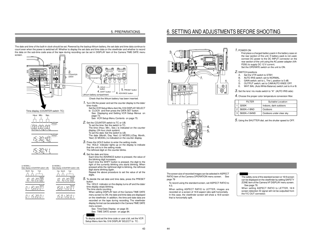 JVC GY-DV550 Setting the Date and Time, Camera Settings, Screen Size 43/169 aspect ratio Mode Selection, Filter 