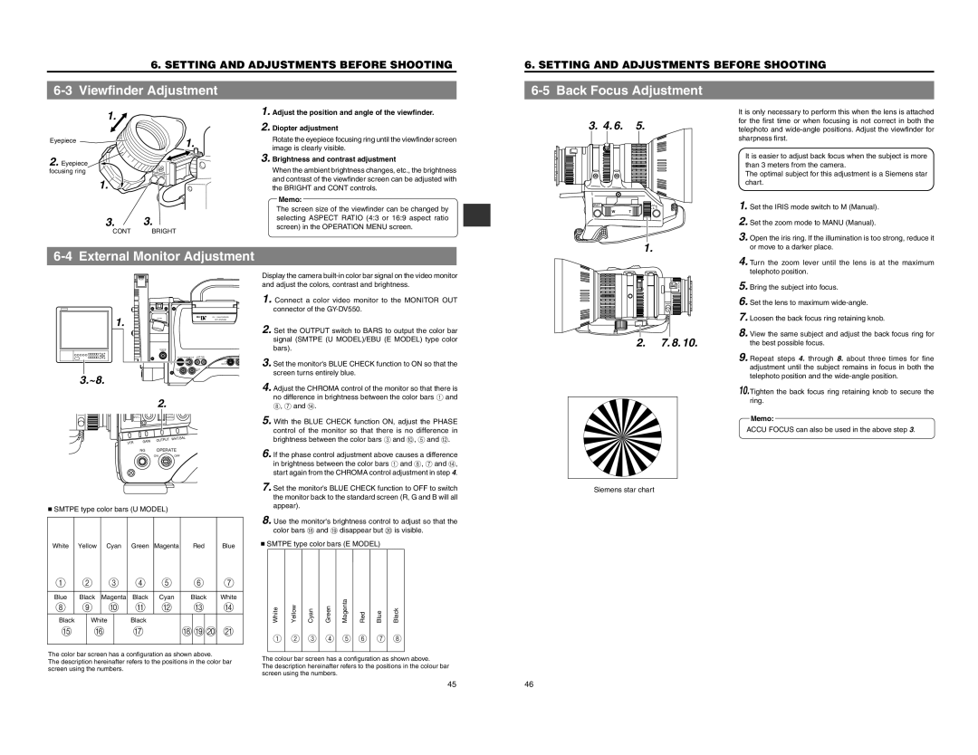 JVC GY-DV550 instruction manual External Monitor Adjustment, Viewfinder Adjustment, Brightness and contrast adjustment 