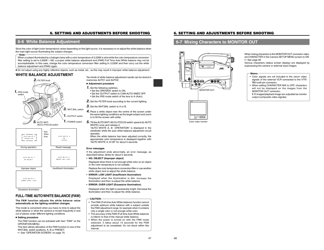 JVC GY-DV550 instruction manual White Balance Adjustment 