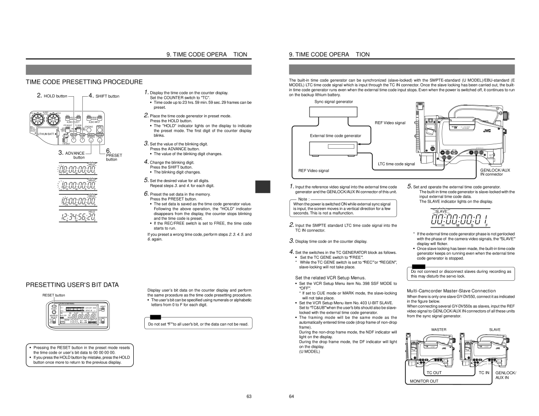 JVC GY-DV550 Presetting Users BIT Data,  Set the related VCR Setup Menus, Advance Preset, TC OUT Genlock AUX Monitor OUT 