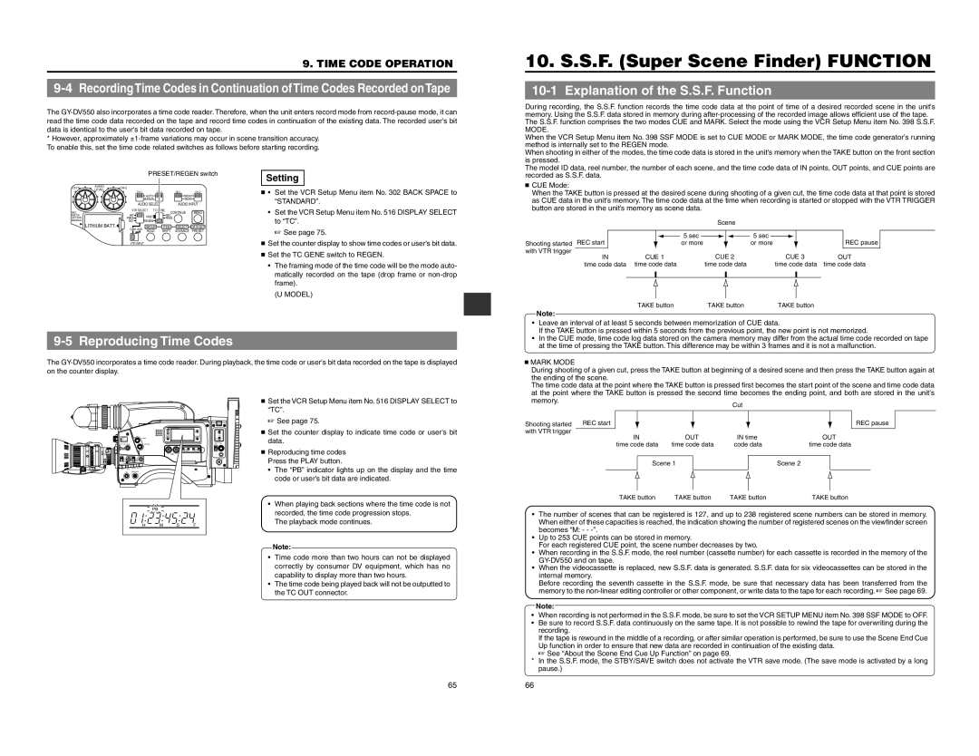 JVC GY-DV550 instruction manual Explanation of the S.S.F. Function, Reproducing Time Codes, Setting,  Mark Mode 