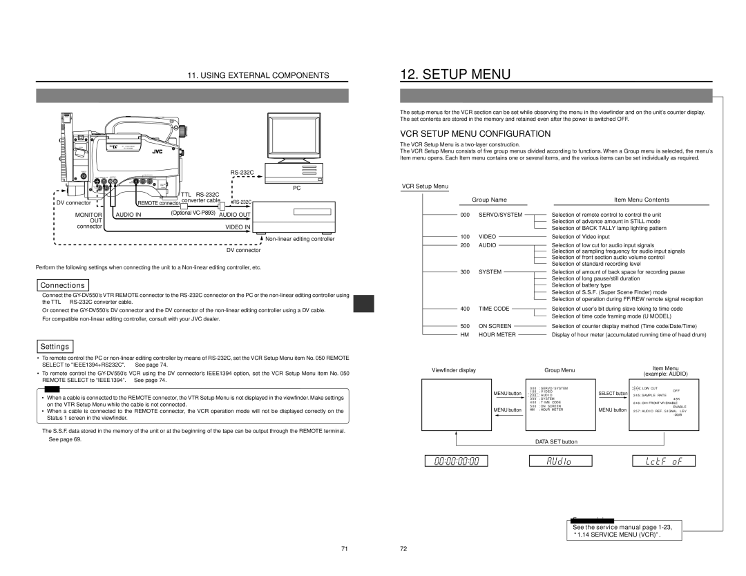 JVC GY-DV550 instruction manual Connecting a PC, 12-1, VCR Setup Menu Configuration 