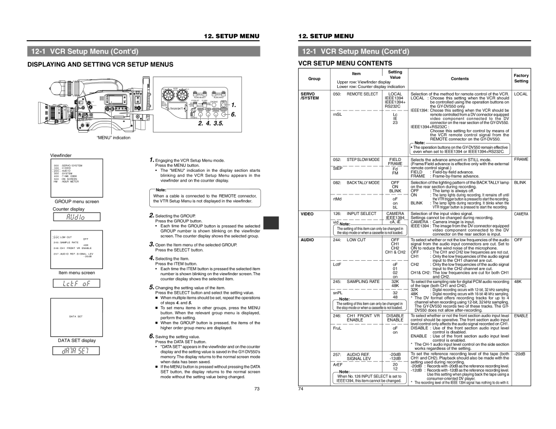 JVC GY-DV550 instruction manual VCR Setup Menu Contd, VCR Setup Menu Contents 