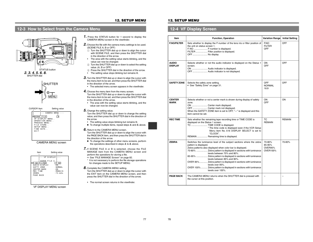 JVC GY-DV550 instruction manual How to Select from the Camera Menu, VF Display Screen 