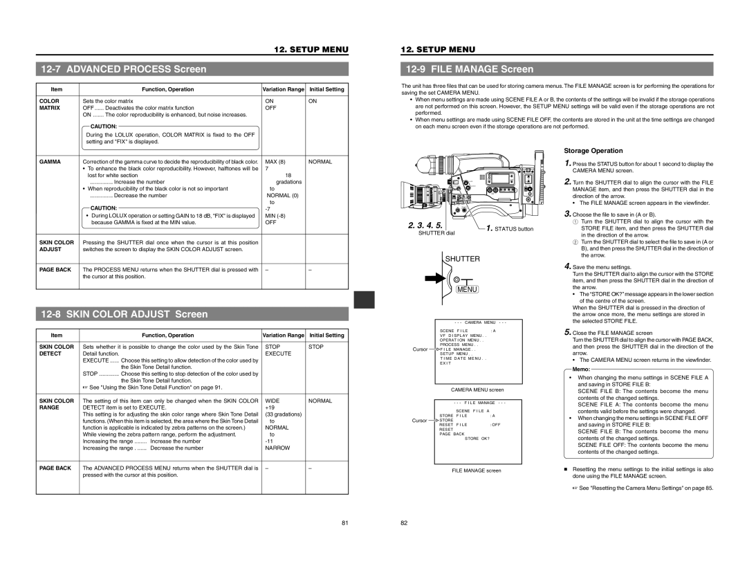 JVC GY-DV550 instruction manual Advanced Process Screen, File Manage Screen, Skin Color Adjust Screen, Storage Operation 