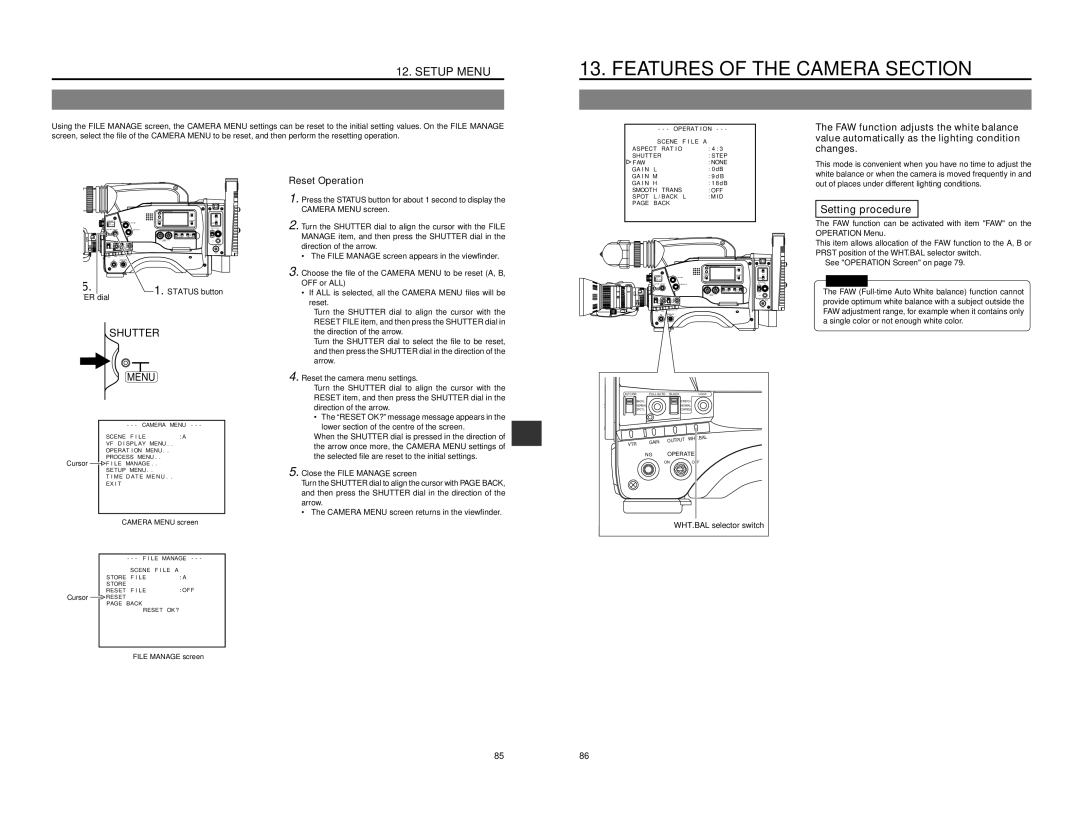 JVC GY-DV550 instruction manual Reset Operation, Setting procedure, ER dial, WHT.BAL selector switch, File Manage screen 