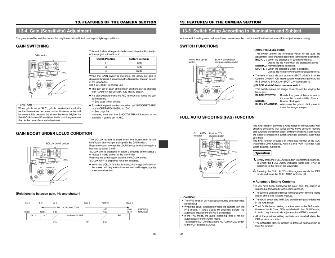 JVC GY-DV550 instruction manual Gain Sensitivity Adjustment, Gain Switching, Switch Functions,  Automatic Setting Contents 