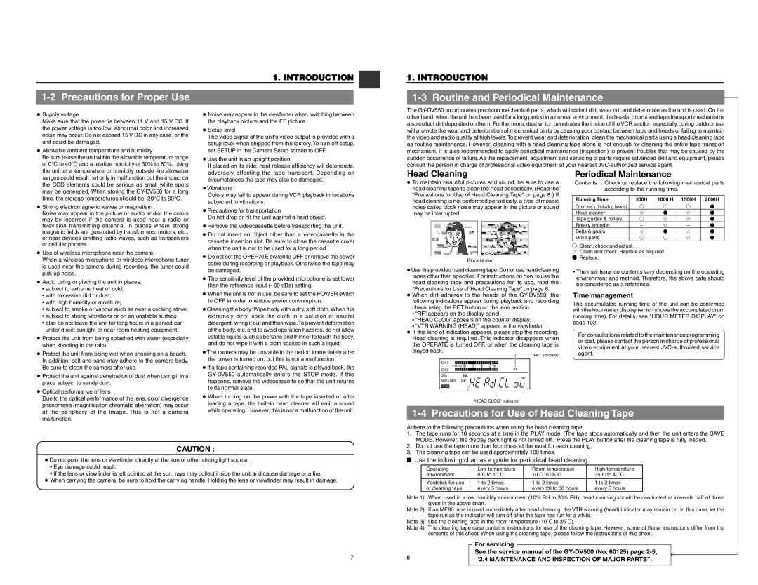 JVC GY-DV550 Routine and Periodical Maintenance, Precautions for Proper Use, Head Cleaning, Time management 