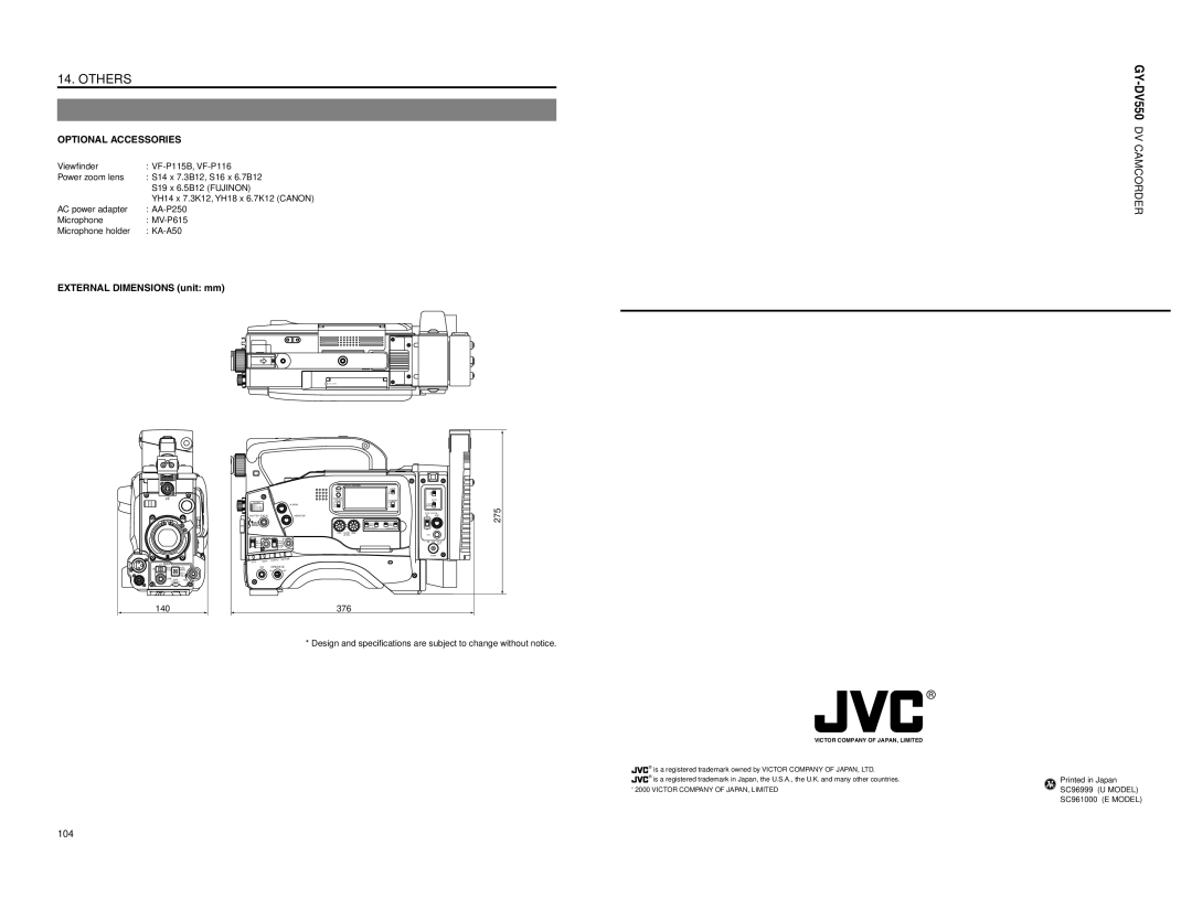 JVC GY-DV550 instruction manual Specifications, External Dimensions unit mm 