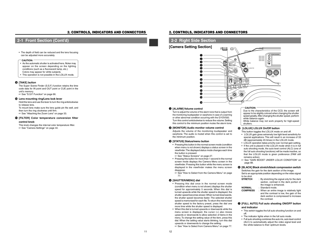 JVC GY-DV550 instruction manual Front Section Cont’d, Right Side Section, Camera Setting Section 