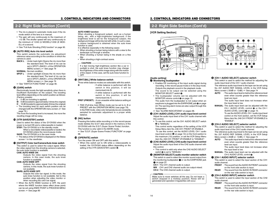 JVC GY-DV550 instruction manual Right Side Section Cont’d, Right Side Section Contd, VCR Setting Section 