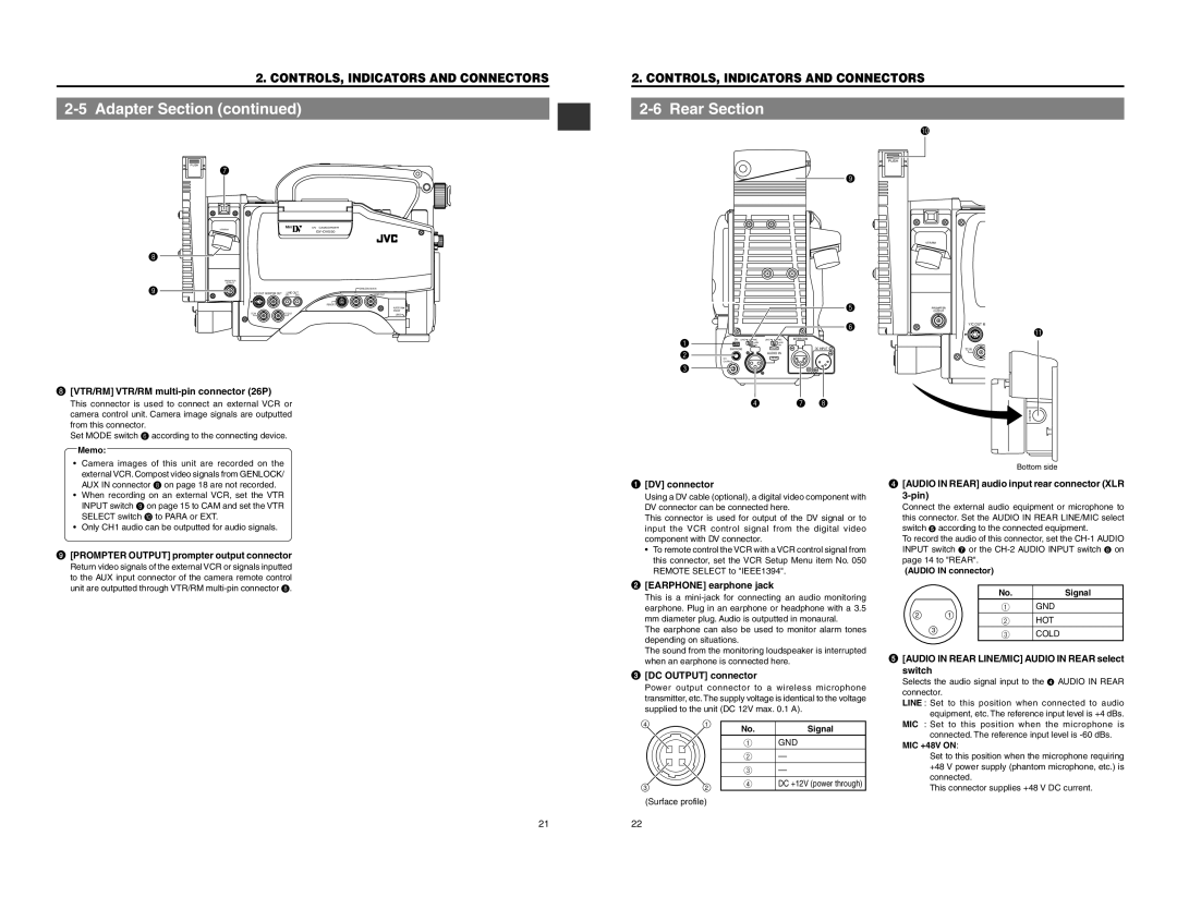 JVC GY-DV550 instruction manual Adapter Section continued, Rear Section, Controls, Indicators And Connectors 
