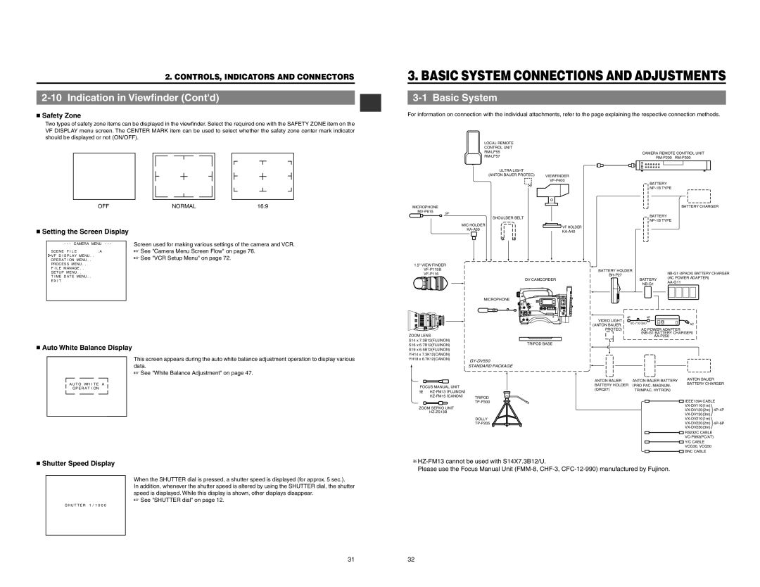 JVC GY-DV550 instruction manual Basic System Connections And Adjustments, Indication in Viewfinder Contd,  Safety Zone 