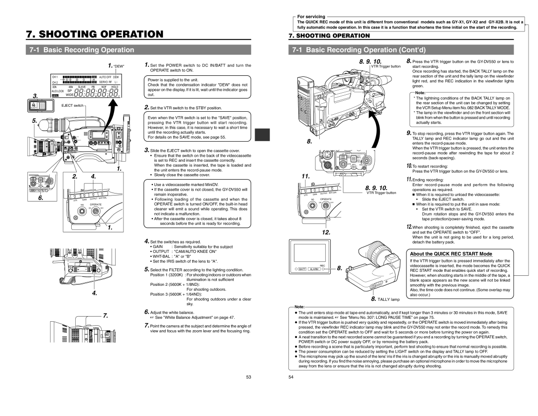 JVC GY-DV550 instruction manual Shooting Operation, Basic Recording Operation Contd, About the QUICK REC START Mode 