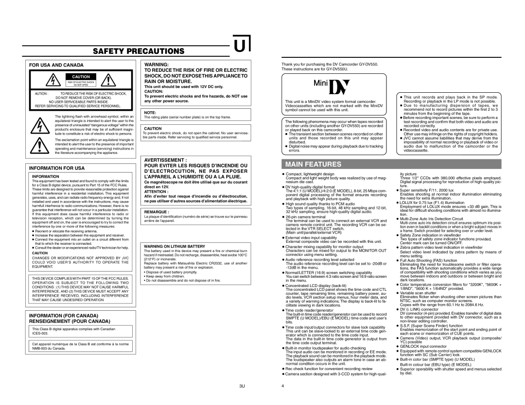 JVC GY-DV550 instruction manual Main Features, For Usa And Canada, Information For Usa, Safety Precautions 