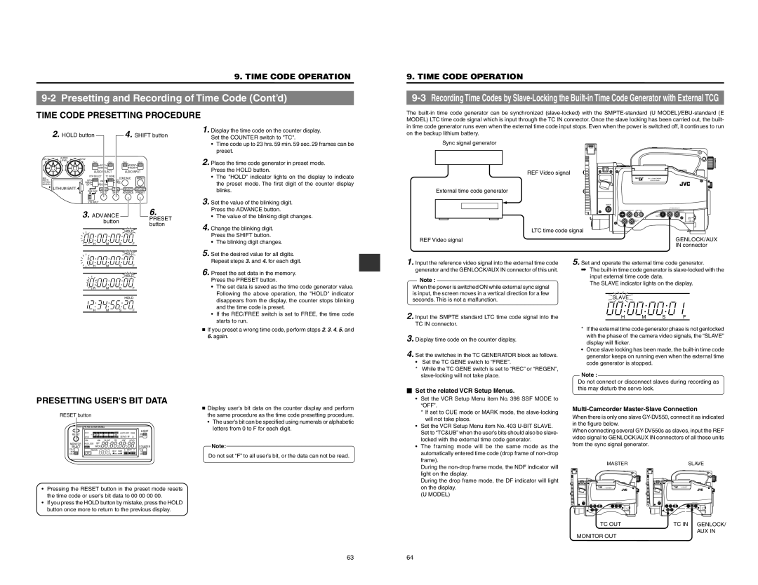 JVC GY-DV550 instruction manual Presetting Users Bit Data, Time Code Operation,  Set the related VCR Setup Menus 