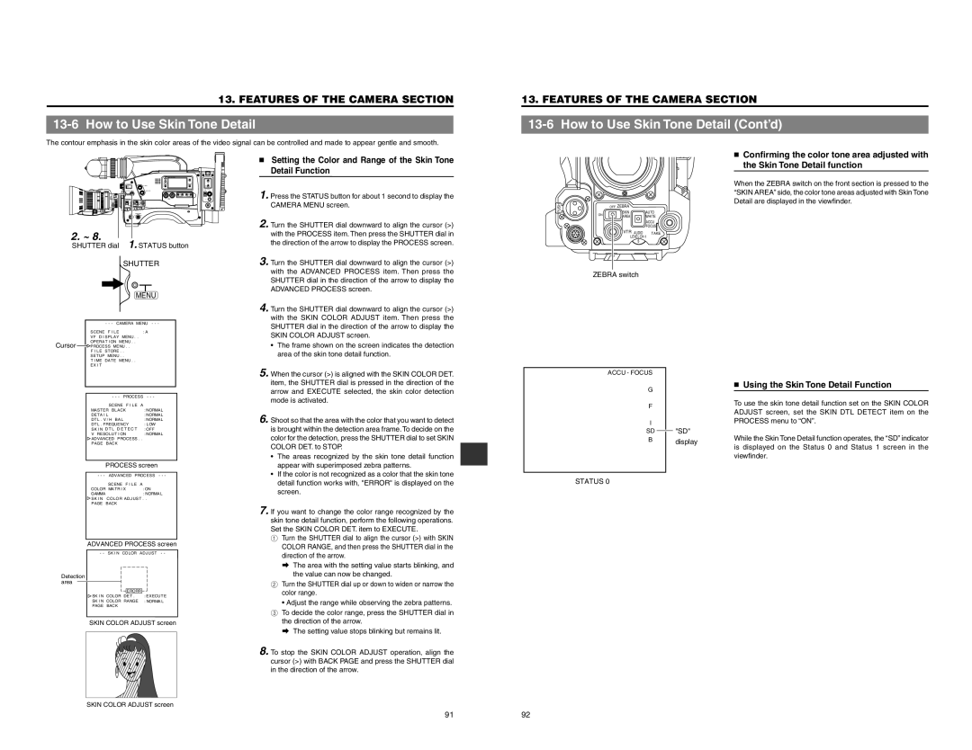 JVC GY-DV550 instruction manual 13-6, How to Use Skin Tone Detail Cont’d, 2. ~, the Skin Tone Detail function 
