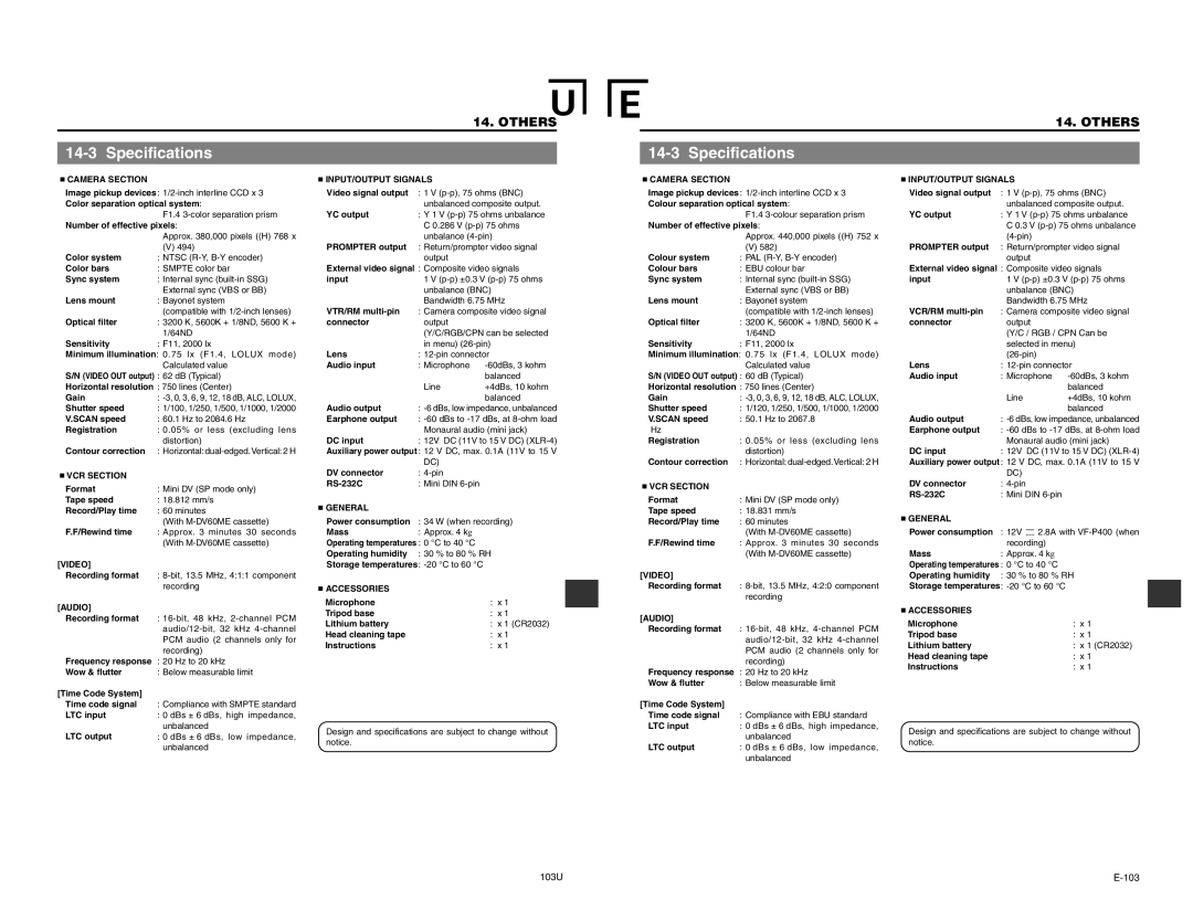 JVC GY-DV550 instruction manual 14-3, Specifications, 103U, E-103, Others,  Camera Section 