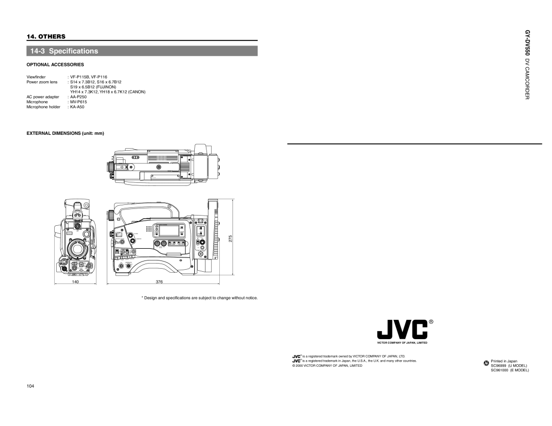 JVC GY-DV550 instruction manual Specifications, Others, Optional Accessories, EXTERNAL DIMENSIONS unit mm 