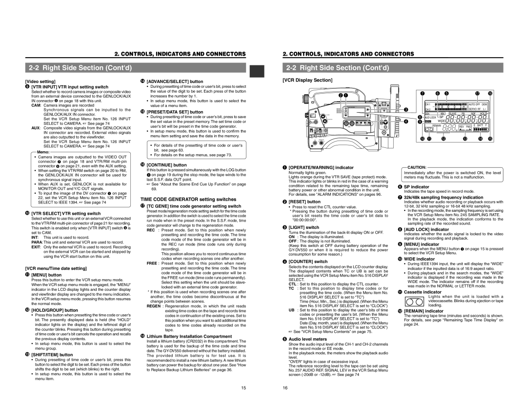 JVC GY-DV550 instruction manual Right Side Section Contd, VCR Display Section, TIME CODE GENERATOR setting switches 