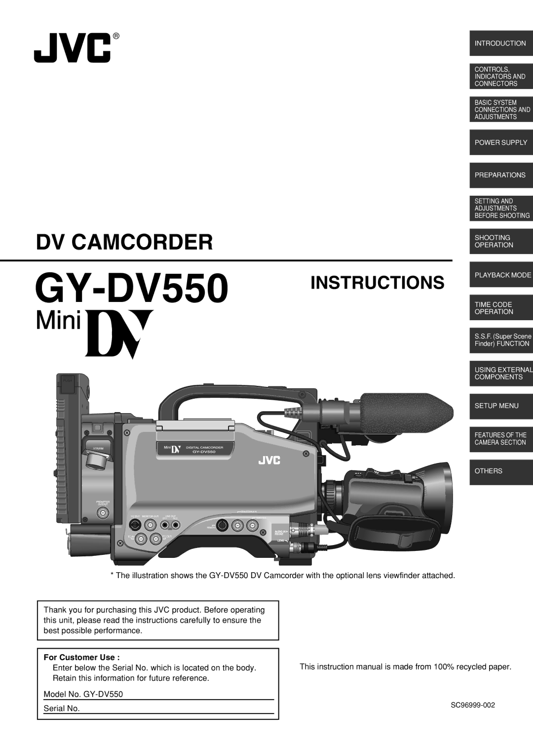 JVC GY-DV550U instruction manual For Customer Use, SC96999-002 